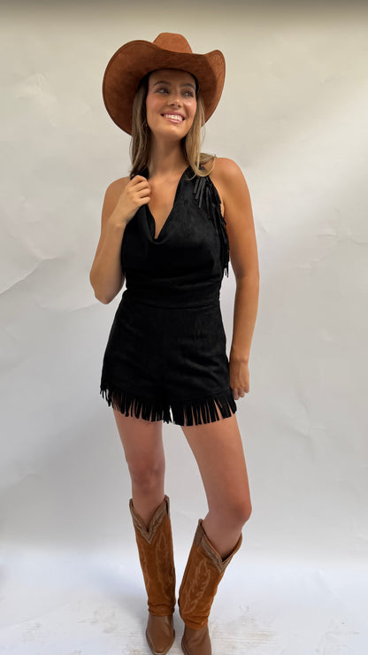 Stockyards Suede Fringe Romper in Black