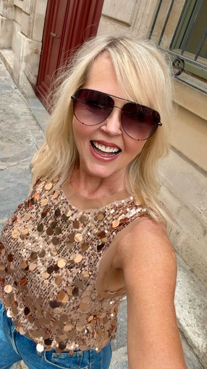 "Fashion Icon" Paillettes Sequin Tank in Cinnamon Brown