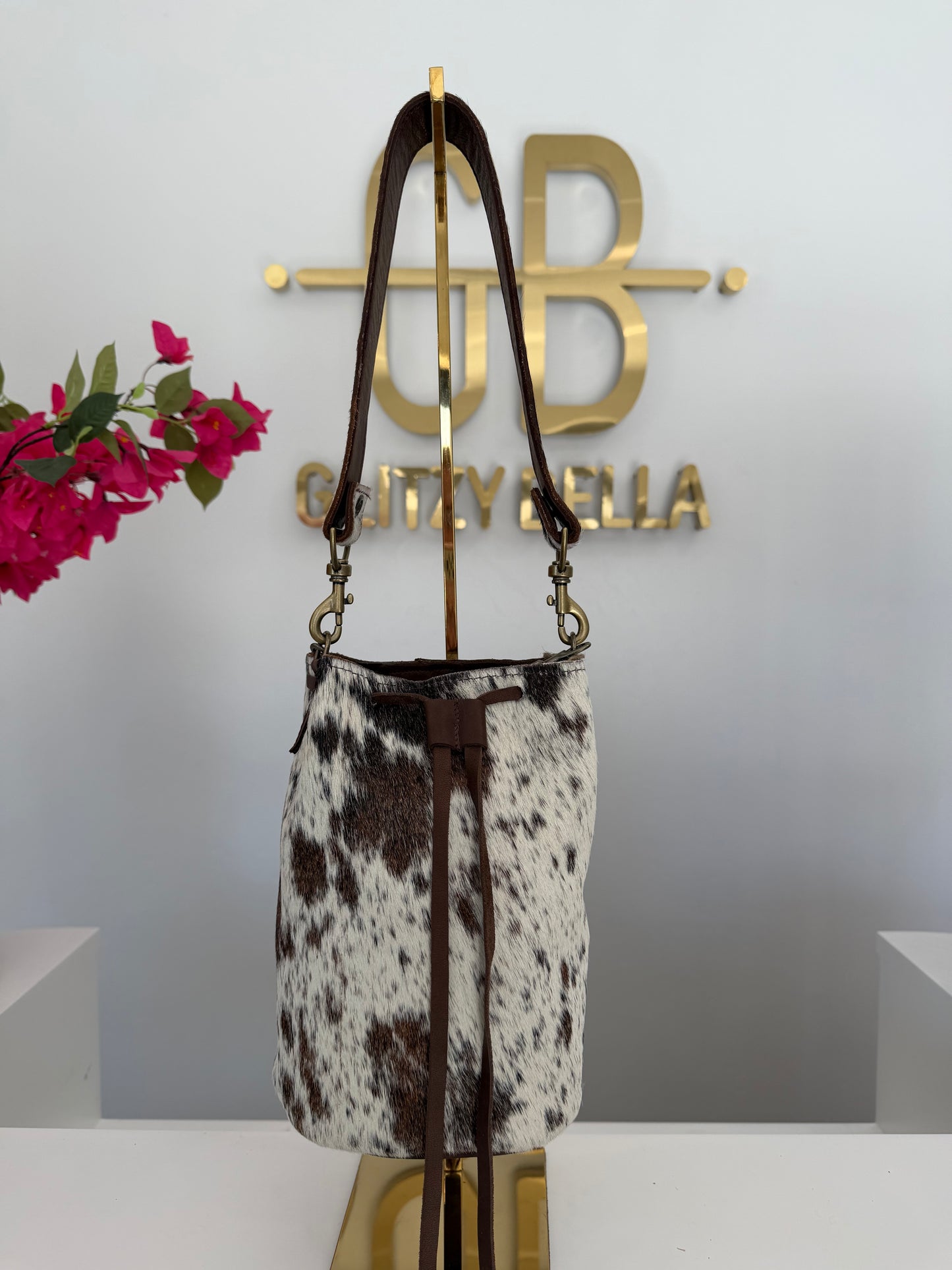 Brown and White Cowhide Bucket Bag Medium Drawstring w/ Cowhide Strap