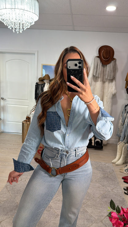 Designer Repurposed Denim Shirt w/ Designer Blue Scarf