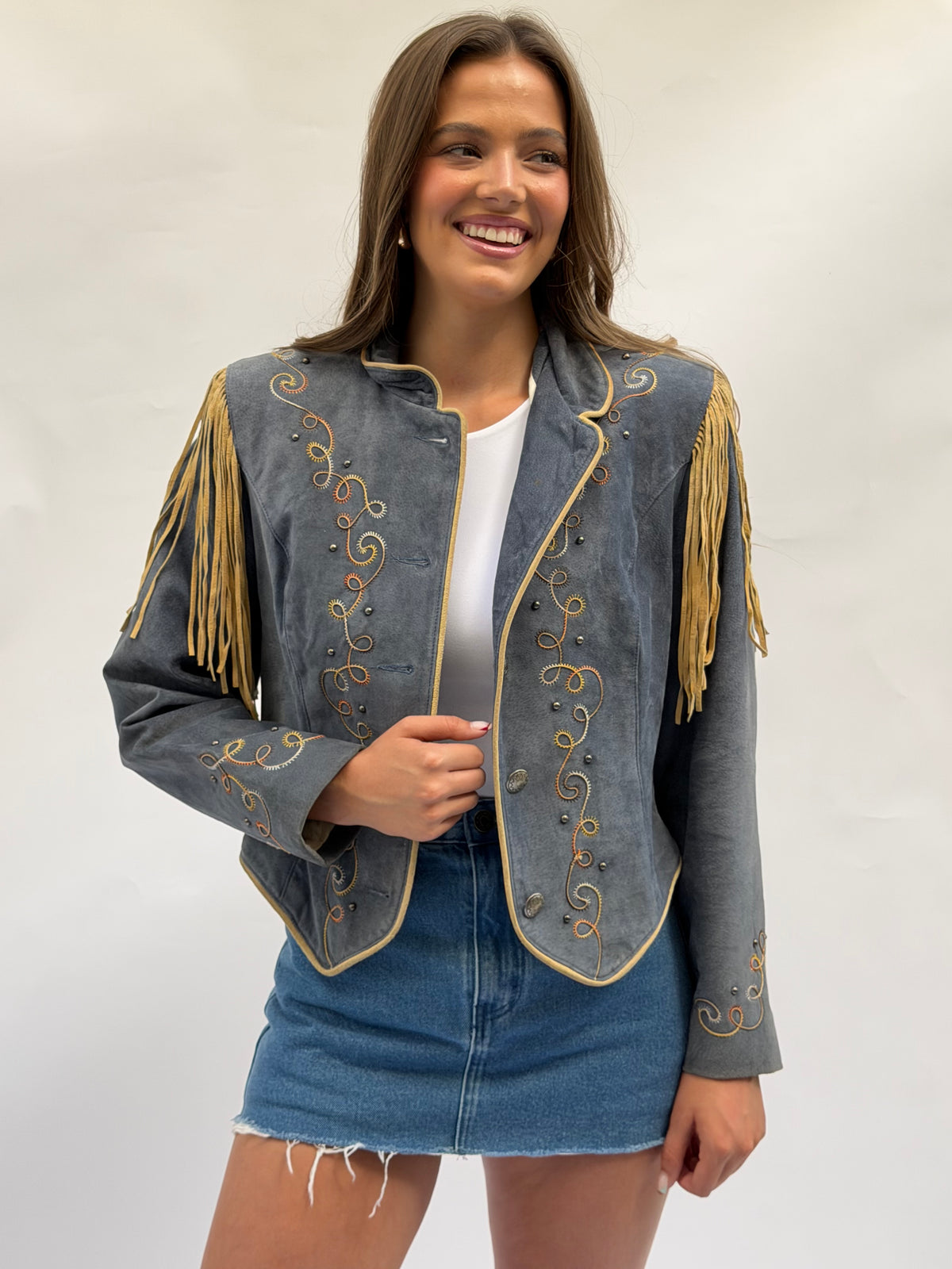 Vintage Blue/Grey Suede Fringe Jacket Size Medium
