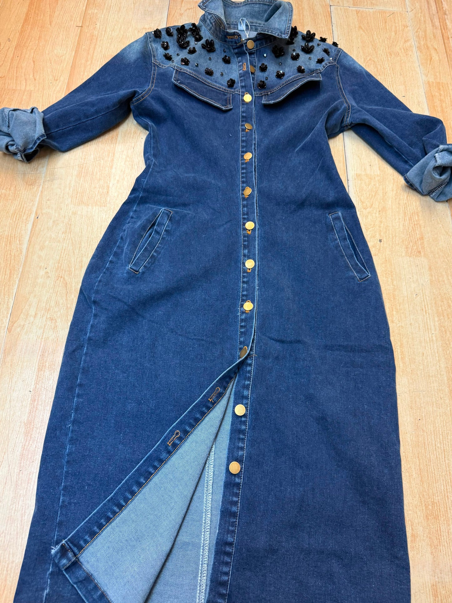 Dark Denim Dress w/ Shoulder Embellishment