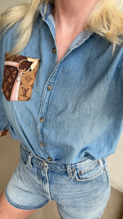 Designer Repurposed Denim Shirt w/ Designer Brown Scarf