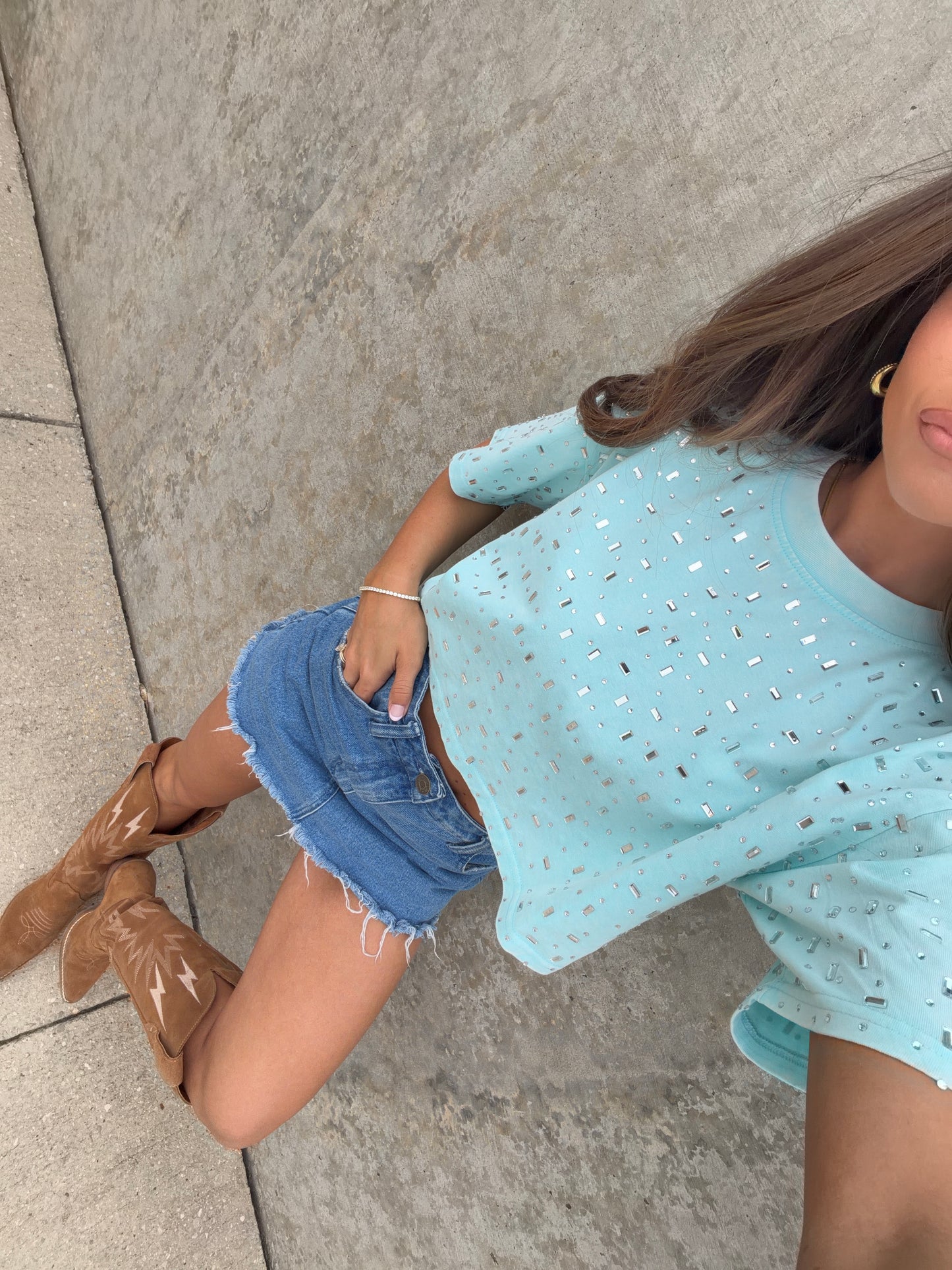 The “Houston" Cropped Rhinestone Tee in Teal