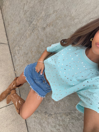 The “Houston" Cropped Rhinestone Tee in Teal