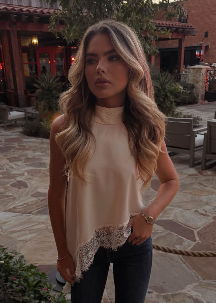 Asymmetric Lace Halter Top in Ivory