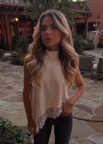 Asymmetric Lace Halter Top in Ivory