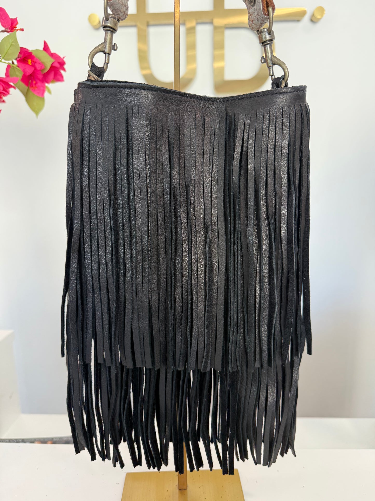 Black Fringe Crossbody w/ Silver Strap