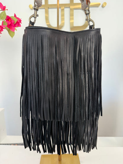 Black Fringe Crossbody w/ Silver Strap