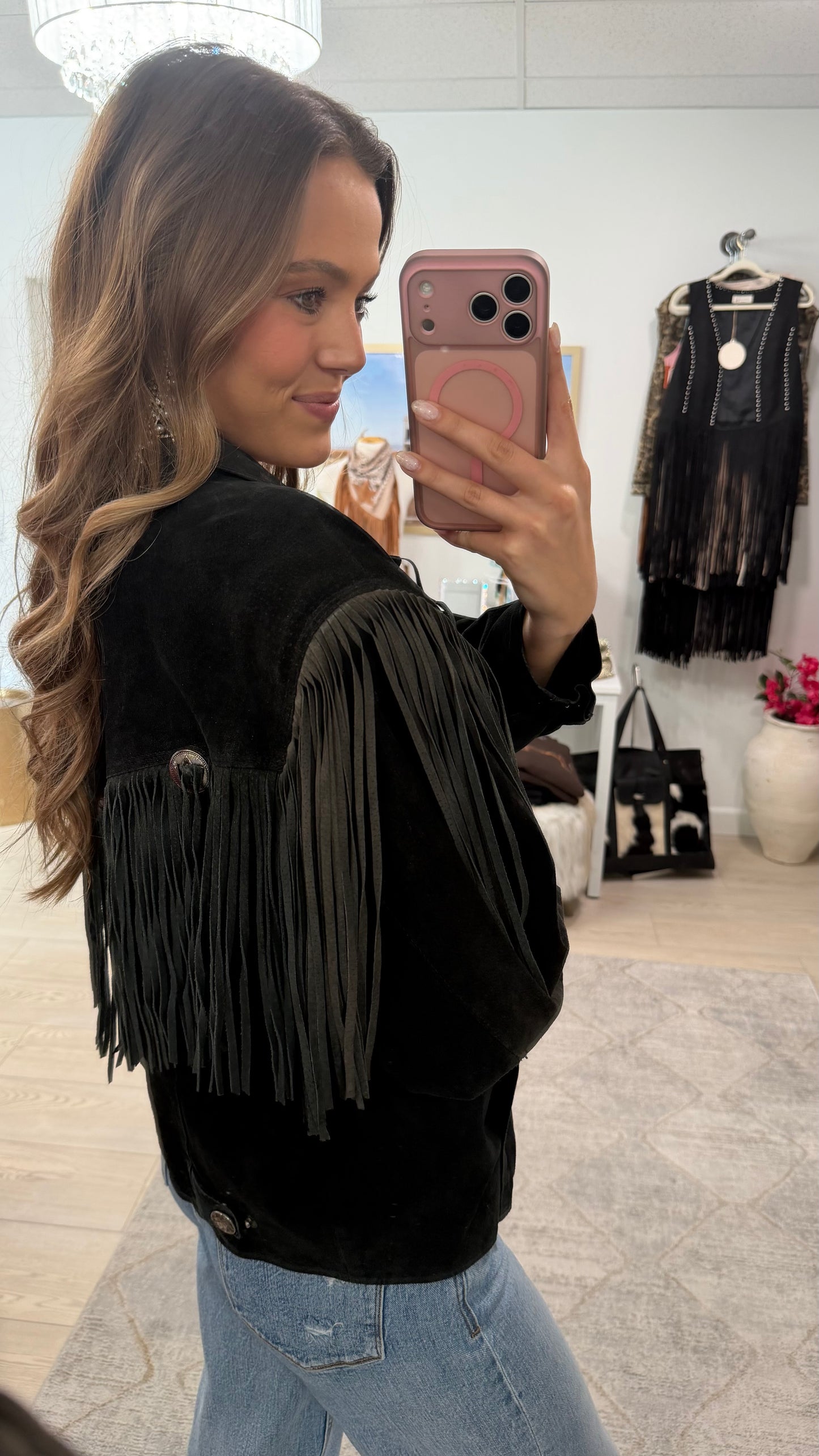 Vintage Black Suede Fringe Jacket Size M/L