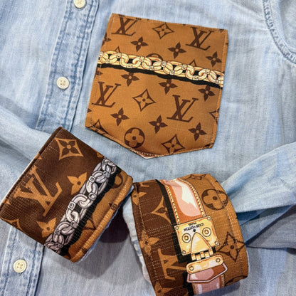 Designer Repurposed Denim Shirt w/ Designer Brown Scarf
