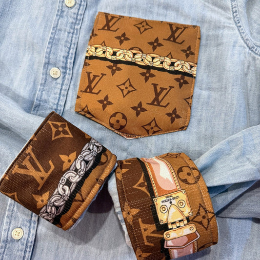 LIMITED EDITION!!  Designer Repurposed Denim Shirt w/ Designer Brown Scarf