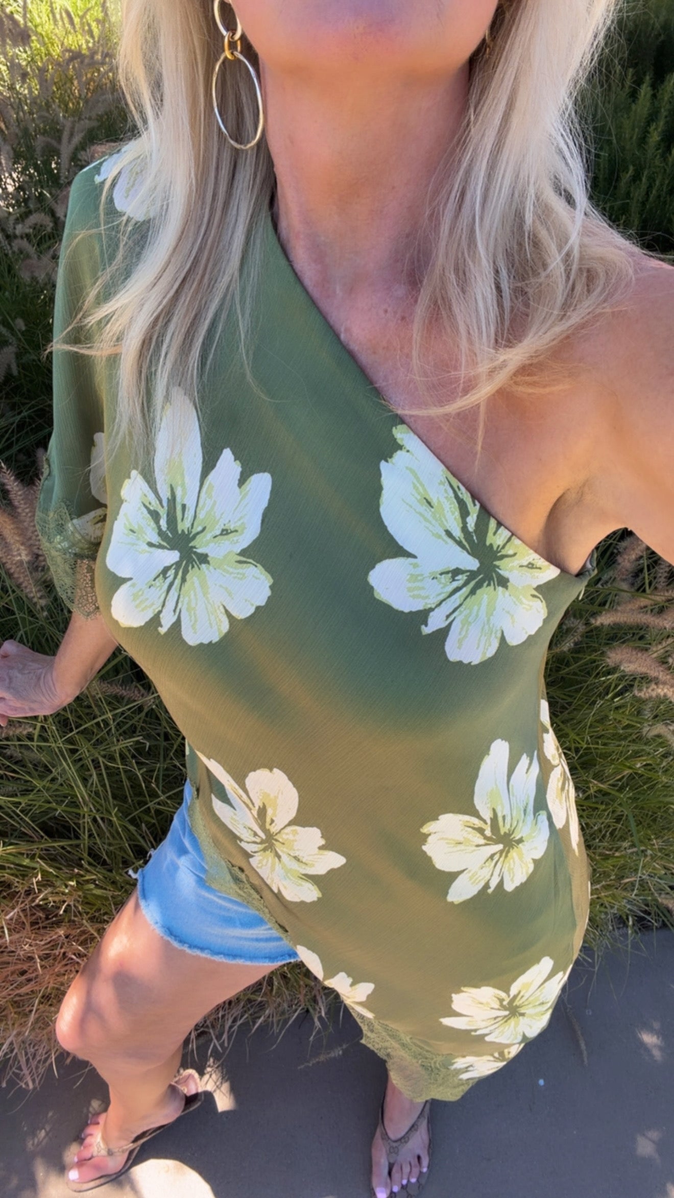 Asymmetric Lace Top in Green Floral