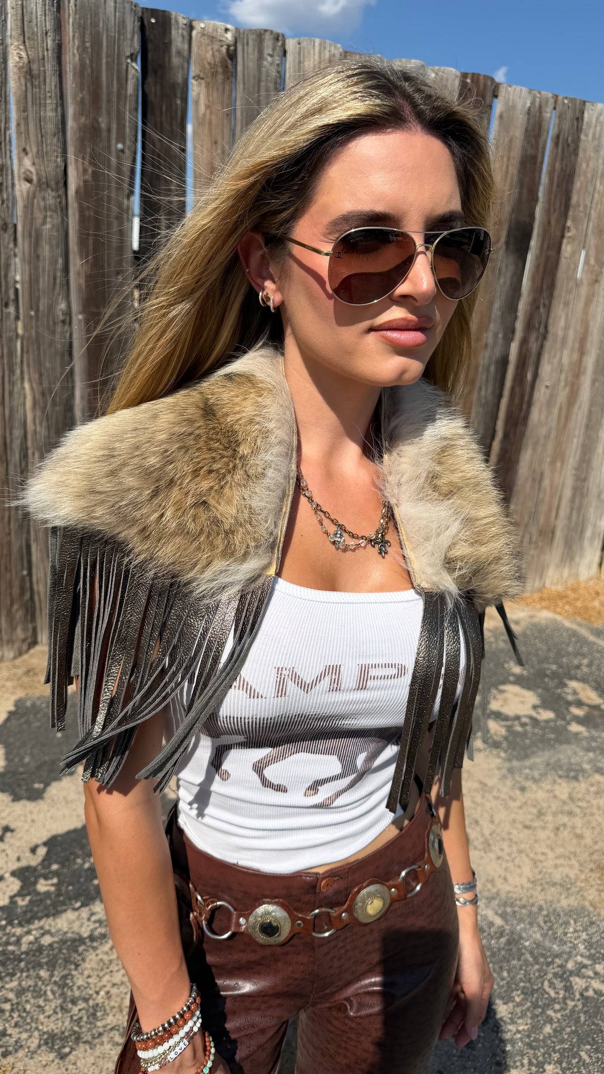 Vintage Coyote Fur & Leather Fringe Collar - Small Size
