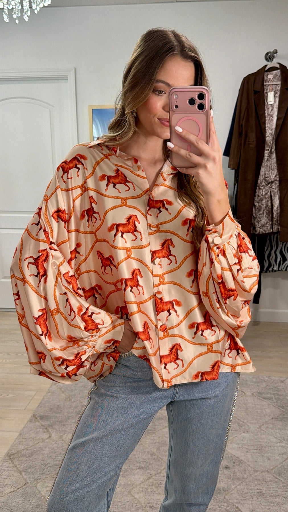 Horseprint Satin Top in Coral