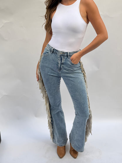 High Rise Fringe Jeans in Light Wash