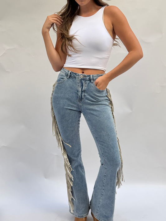 High Rise Fringe Jeans in Light Wash