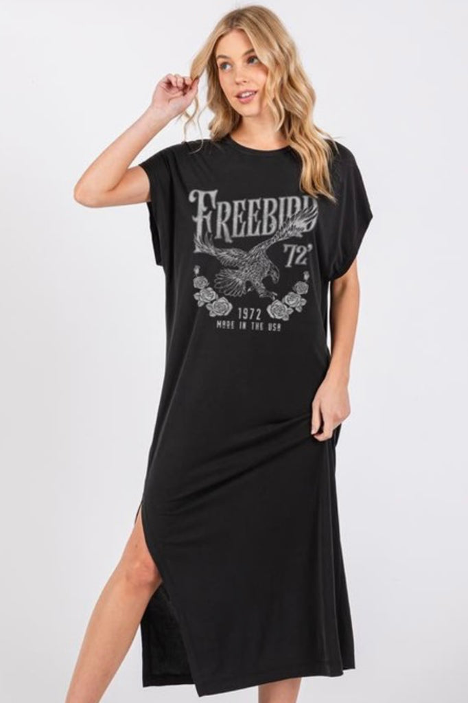 “Freebird Eagle” Graphic T-Shirt Dress in Washed Black