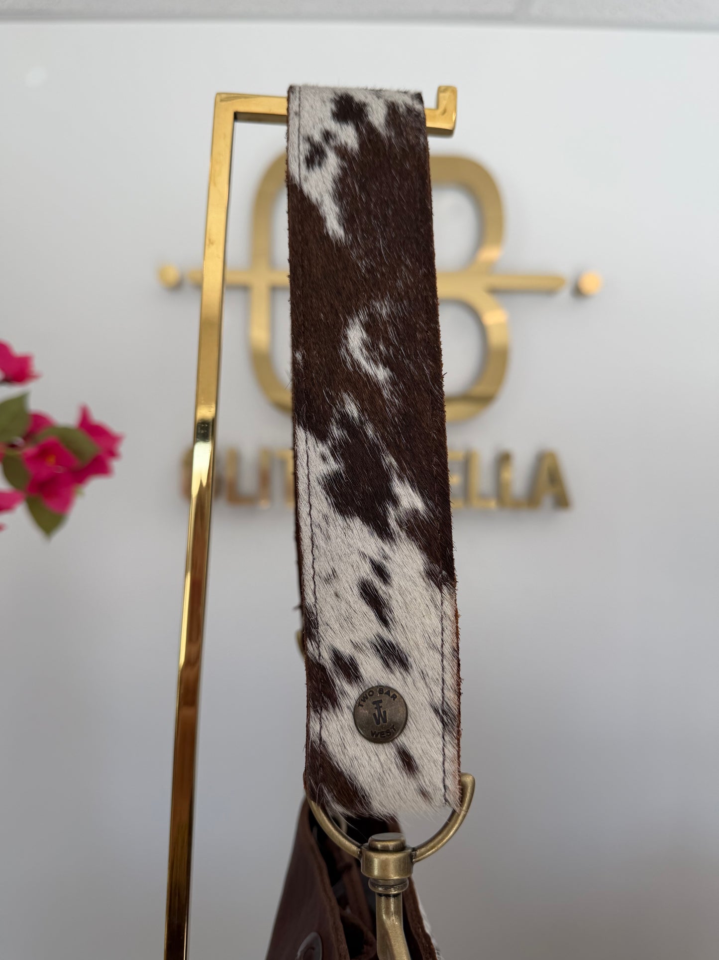 Brown and White Cowhide Small Bucket Bag w/ Cowhide Strap