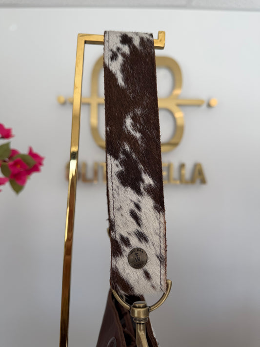 Brown and White Cowhide Small Bucket Bag w/ Cowhide Strap