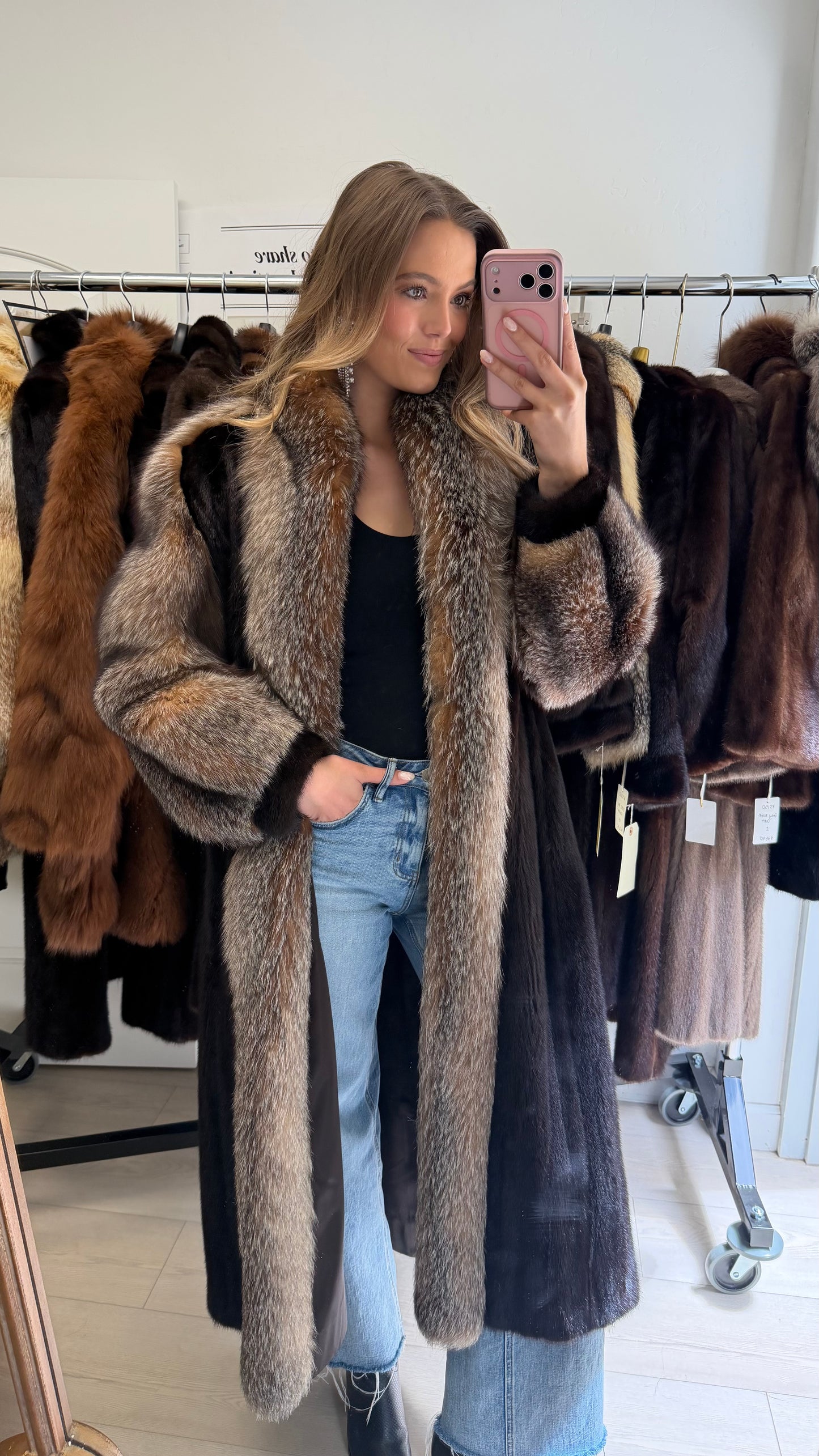 #45 Mahogany Mink and Crystal Fox Tuxedo Coat Size S/M
