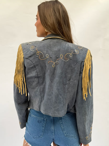 Vintage Blue/Grey Suede Fringe Jacket Size Medium