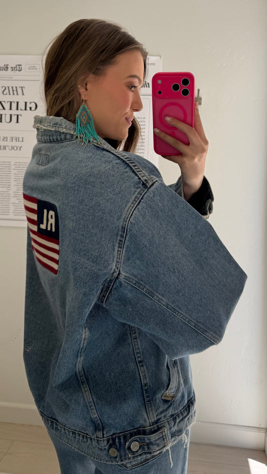 NEW!! Vintage Ralph Lauren Denim American Flag Jacket Size XL
