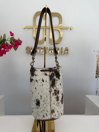 Brown and White Cowhide Bucket Bag Medium Drawstring w/ Cowhide Strap