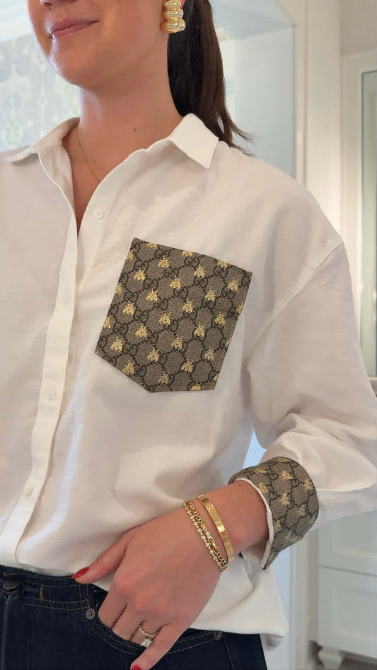 LIMITED EDITION!!  Designer Repurposed White Shirt w/ Designer Brown Scarf