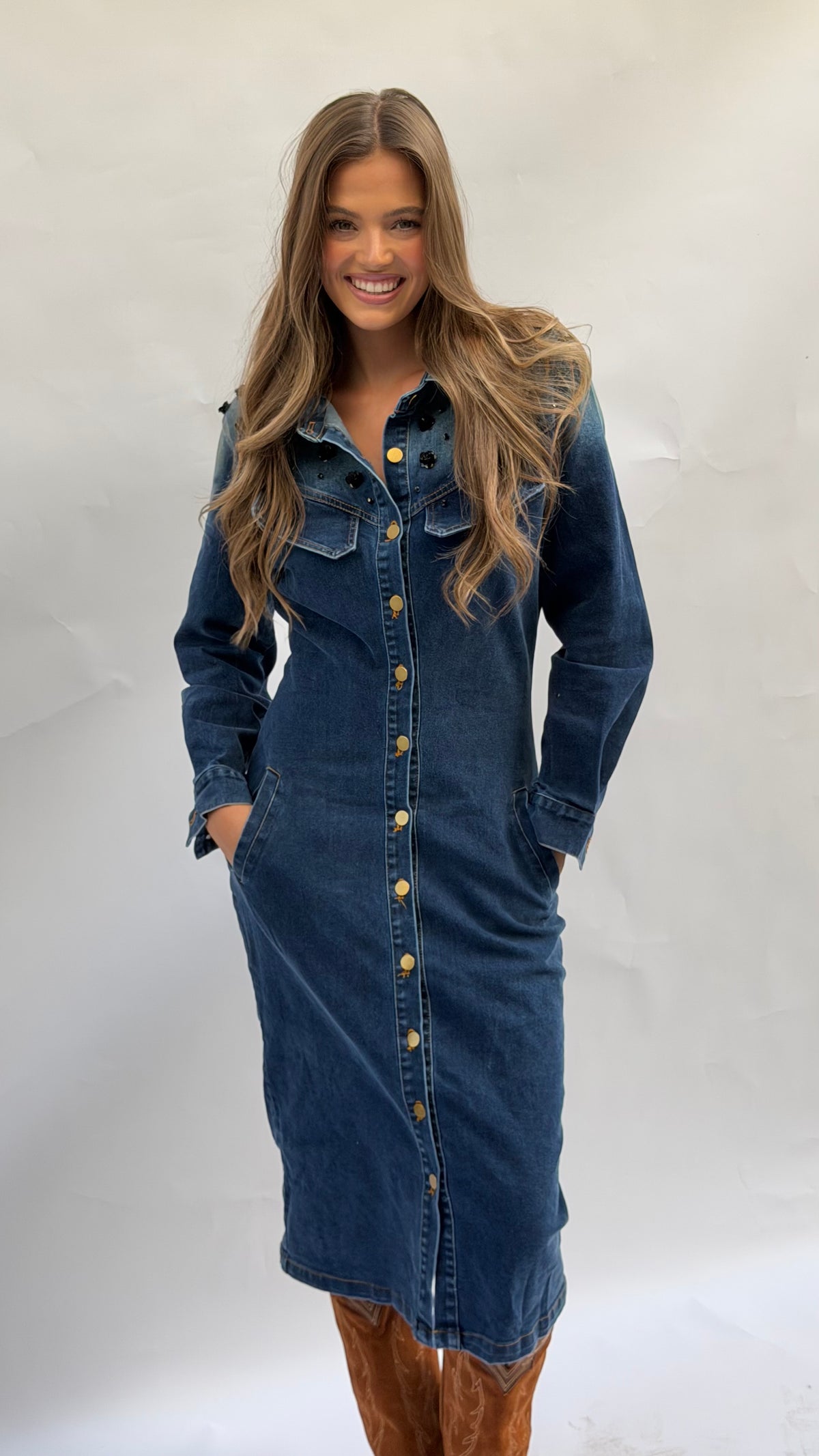 Dark Denim Dress w/ Shoulder Embellishment