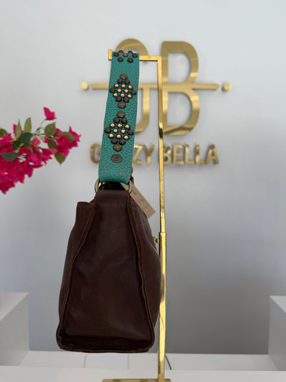 The "Bella" Medium Bag in Brown with Tuquoise Strap