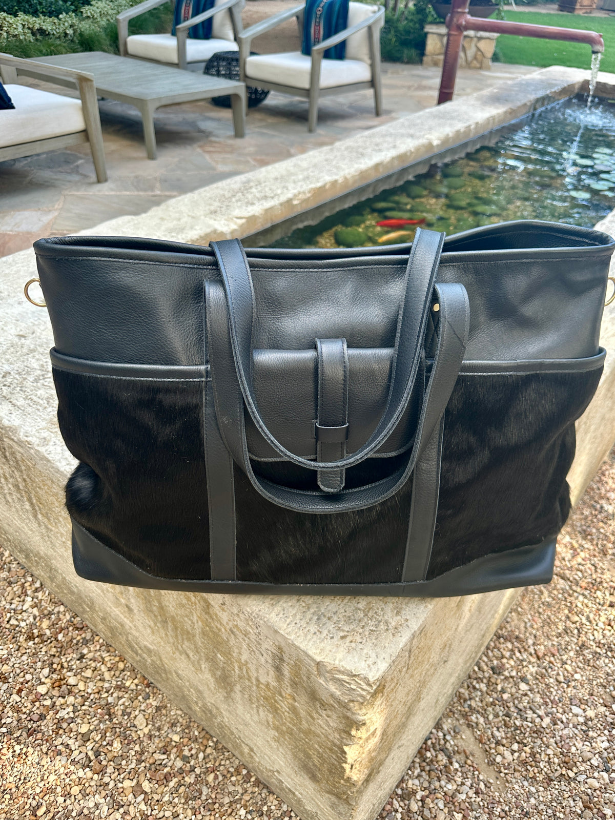 Leather and Cowhide Travel Bag in Black