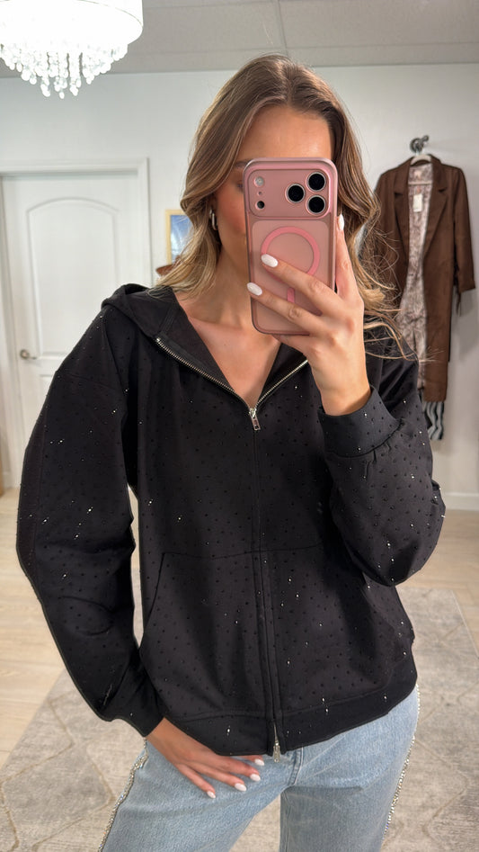 NEW!! "Off Duty" Rhinestone Zip Up Hoodie in Black