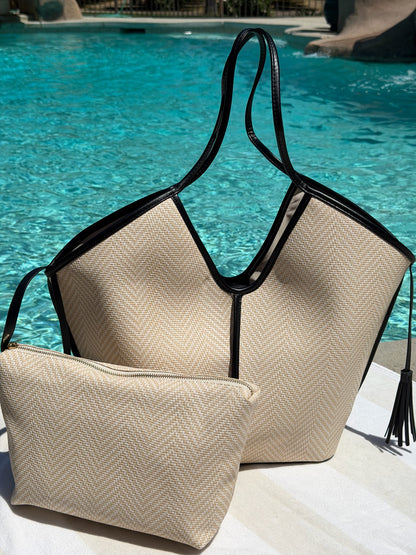 "Malibu Sky" Leather Trim Tote Bag