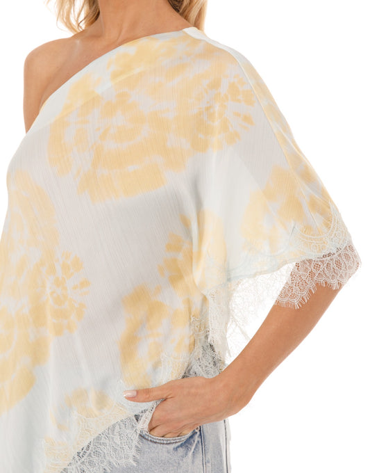 Asymmetric Lace Top in Blue Floral
