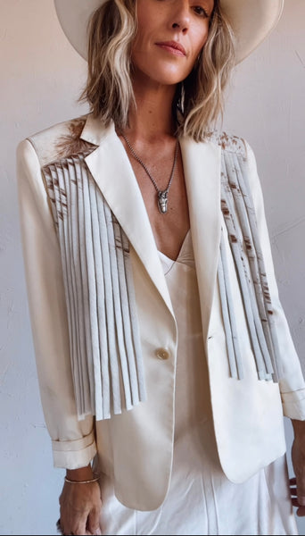 NEW!! Designer Vintage Blazer with Cowhide Fringe in Cream by Westerly - Option #1, Size Medium