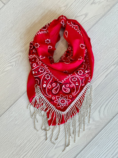 AS SEEN ON BRITT HORTON!! Crystal Fringe Bandana in Red