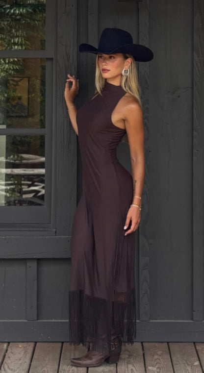 Houston Fringe Midi Dress in Brown