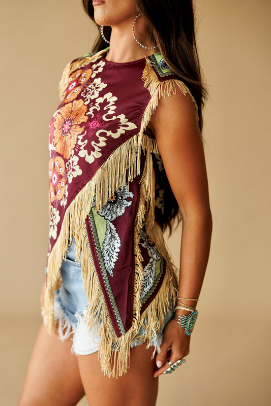 Asymmetric Tassel Trim Scarf Top