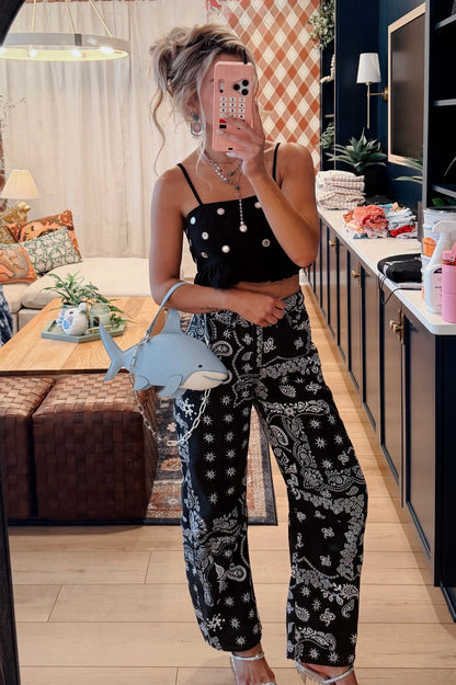 AS SEEN ON CASSIDY! Paisley Barrel Leg Pants in Black