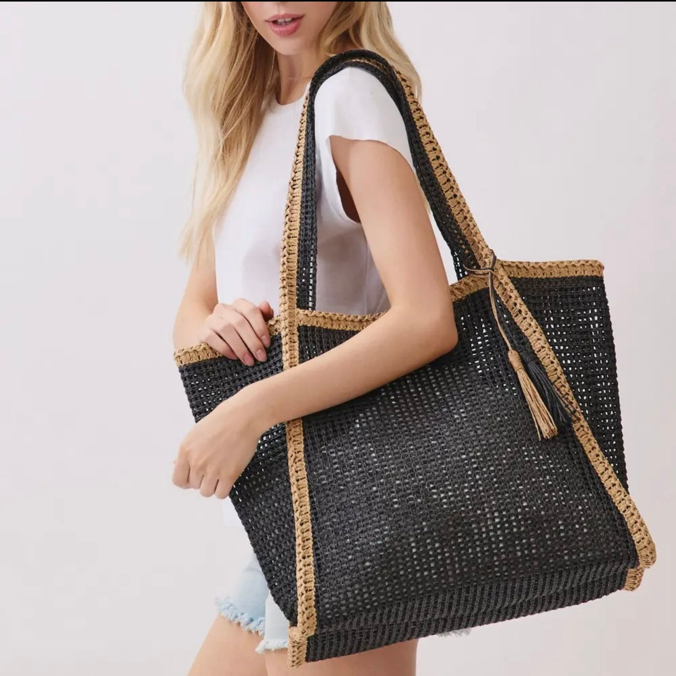 "Cannes Coast" Straw Tote Bag in Black