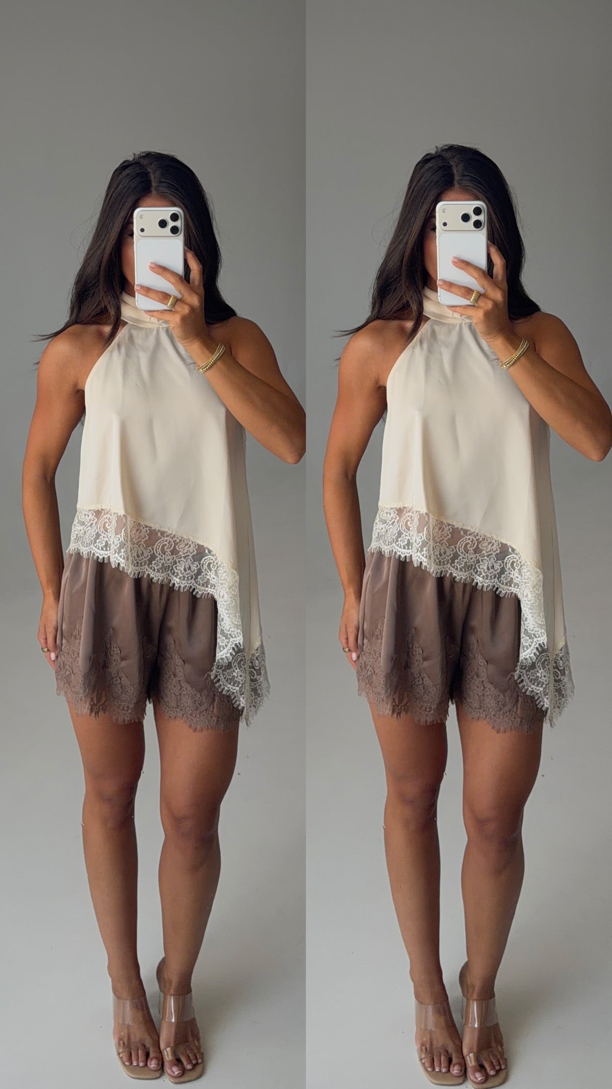 Asymmetric Lace Halter Top in Ivory
