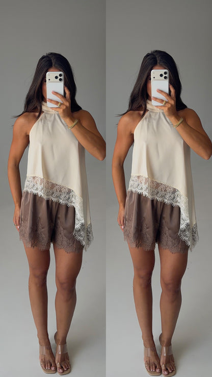 Asymmetric Lace Halter Top in Ivory