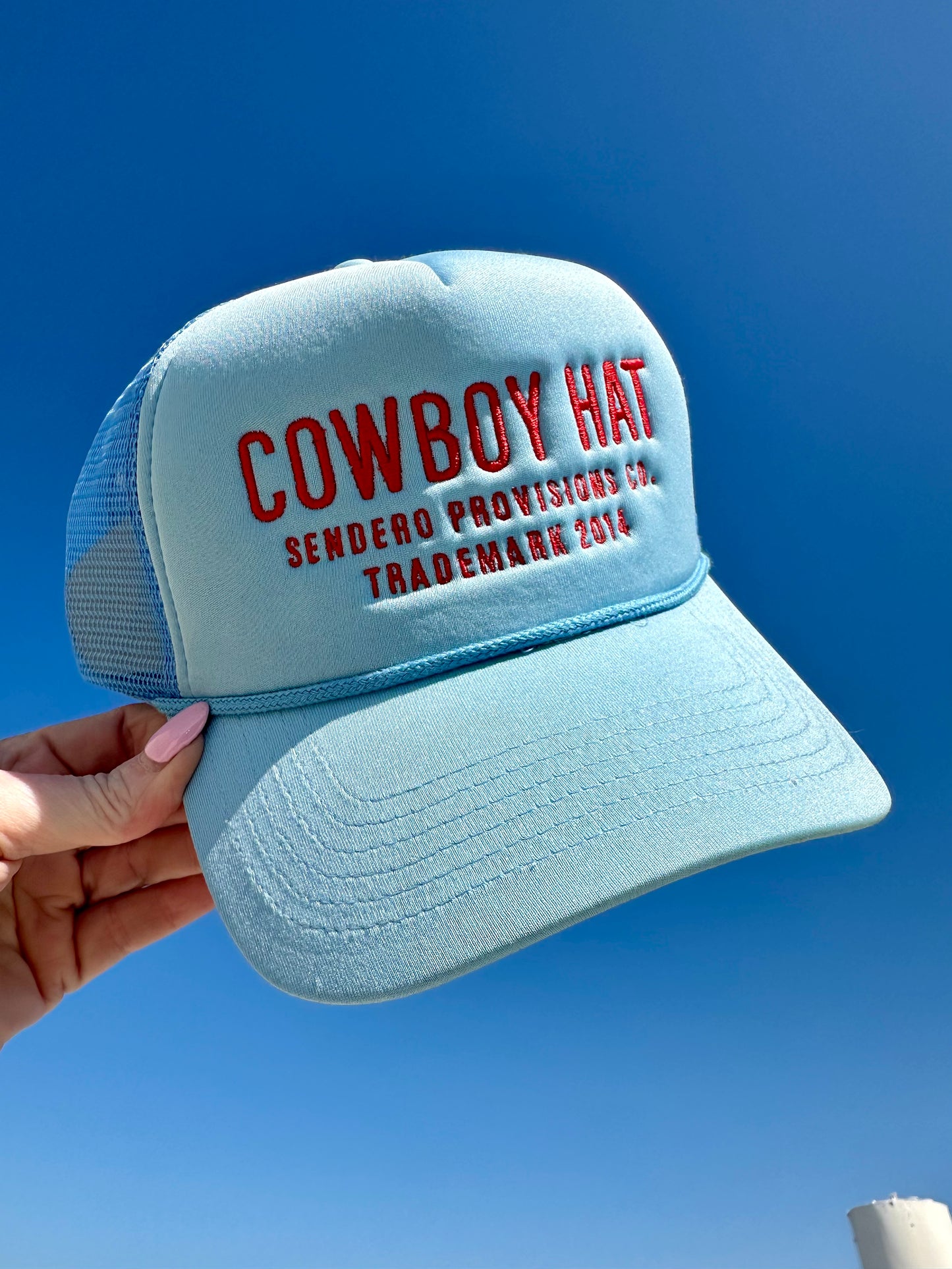 AS SEEN ON WHITNEY RIFE!! Cowboy Trucker Hat in Blue/Red (8288295059695)