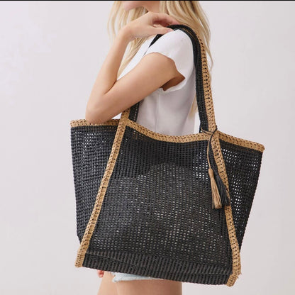 "Cannes Coast" Straw Tote Bag in Black