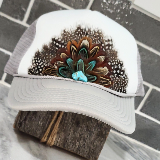 NEW!! Feather Trucker Hat in Grey