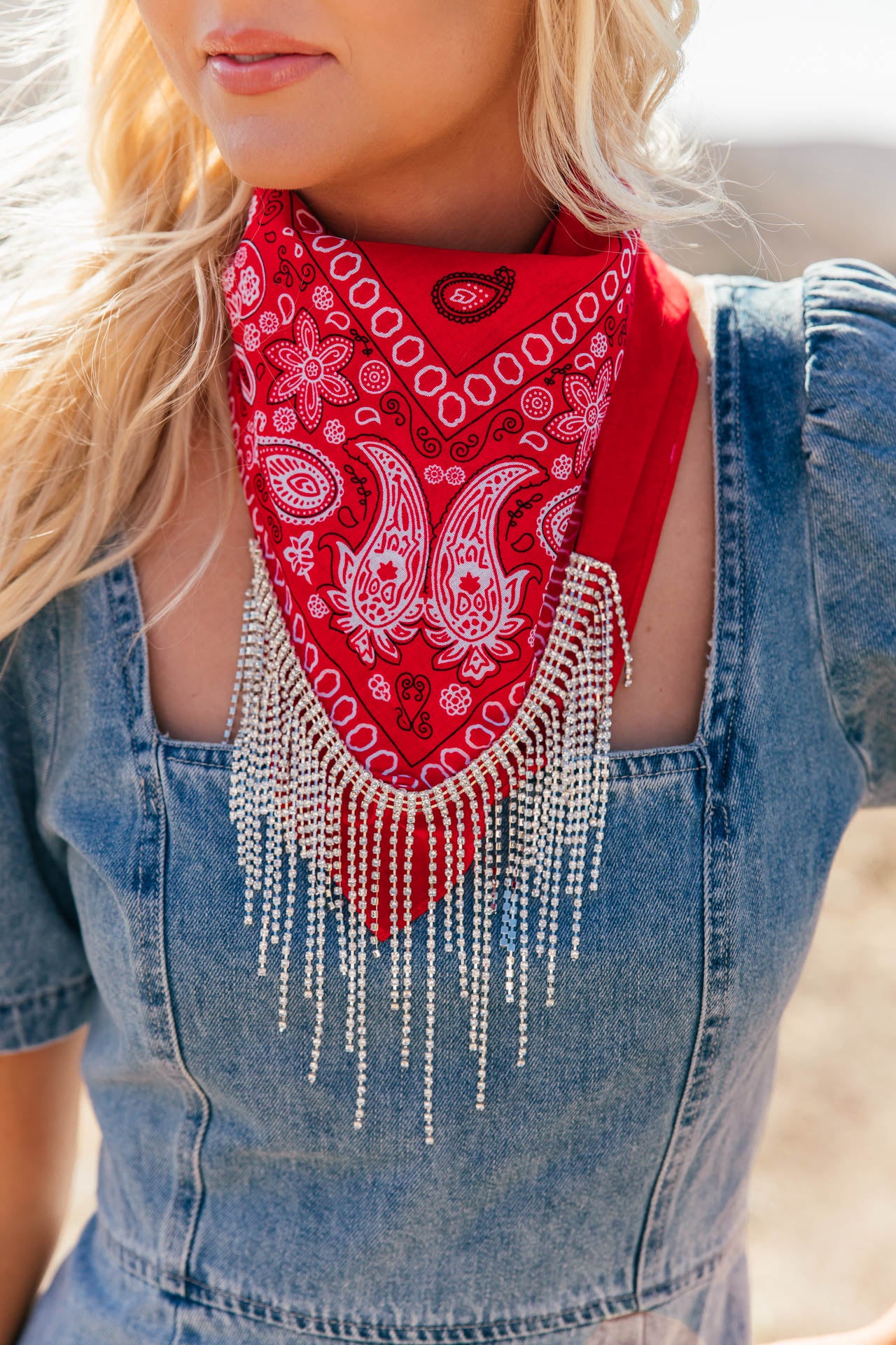 AS SEEN ON BRITT HORTON!! Crystal Fringe Bandana in Red