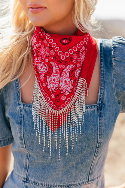AS SEEN ON BRITT HORTON!! Crystal Fringe Bandana in Red