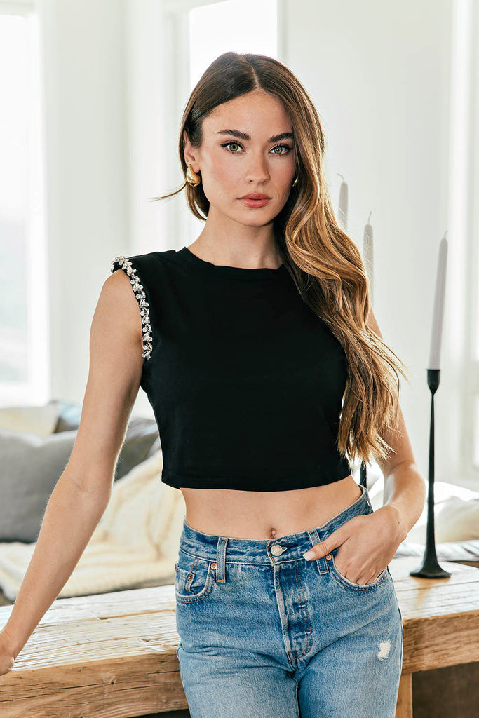 Sparkle On Rhinestone Cropped Muscle Tee in Black