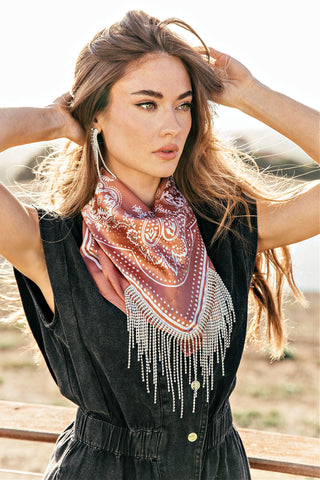 AS SEEN ON WHITNEY RIFE!! “GB ORIGINAL" Crystal Fringe Satin Bandana in Rust